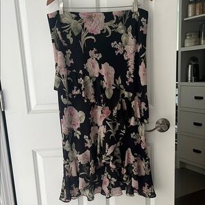 Chaps Black Floral Ruffle Midi Skirt size 8